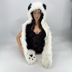 Rave Festival Furry Panda Hat With Long Glitter Paws Mittens Cosplay Costume